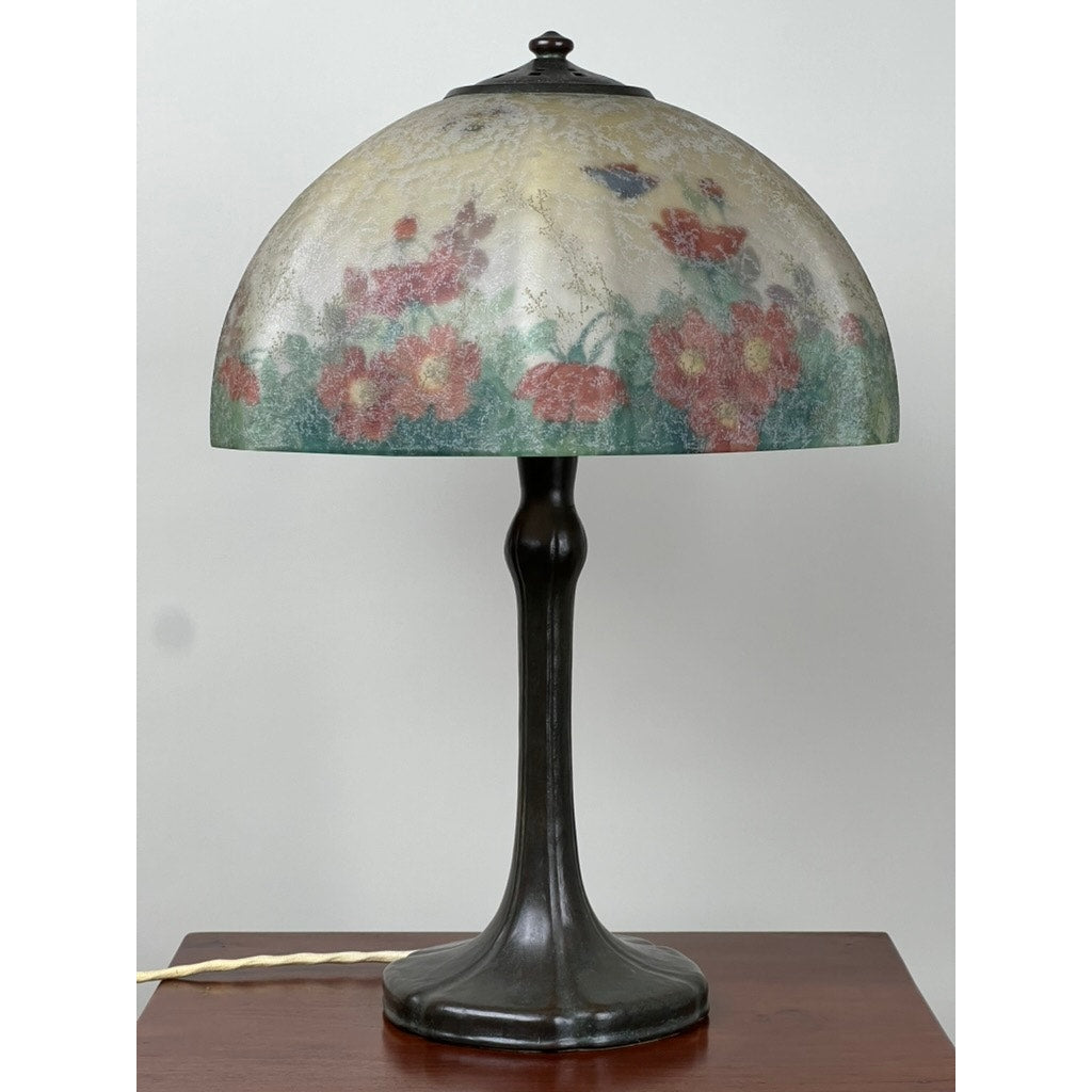 Antique Handel Reverse Painted Table Lamp with Flowers and Butterflies c. Early 20th Century