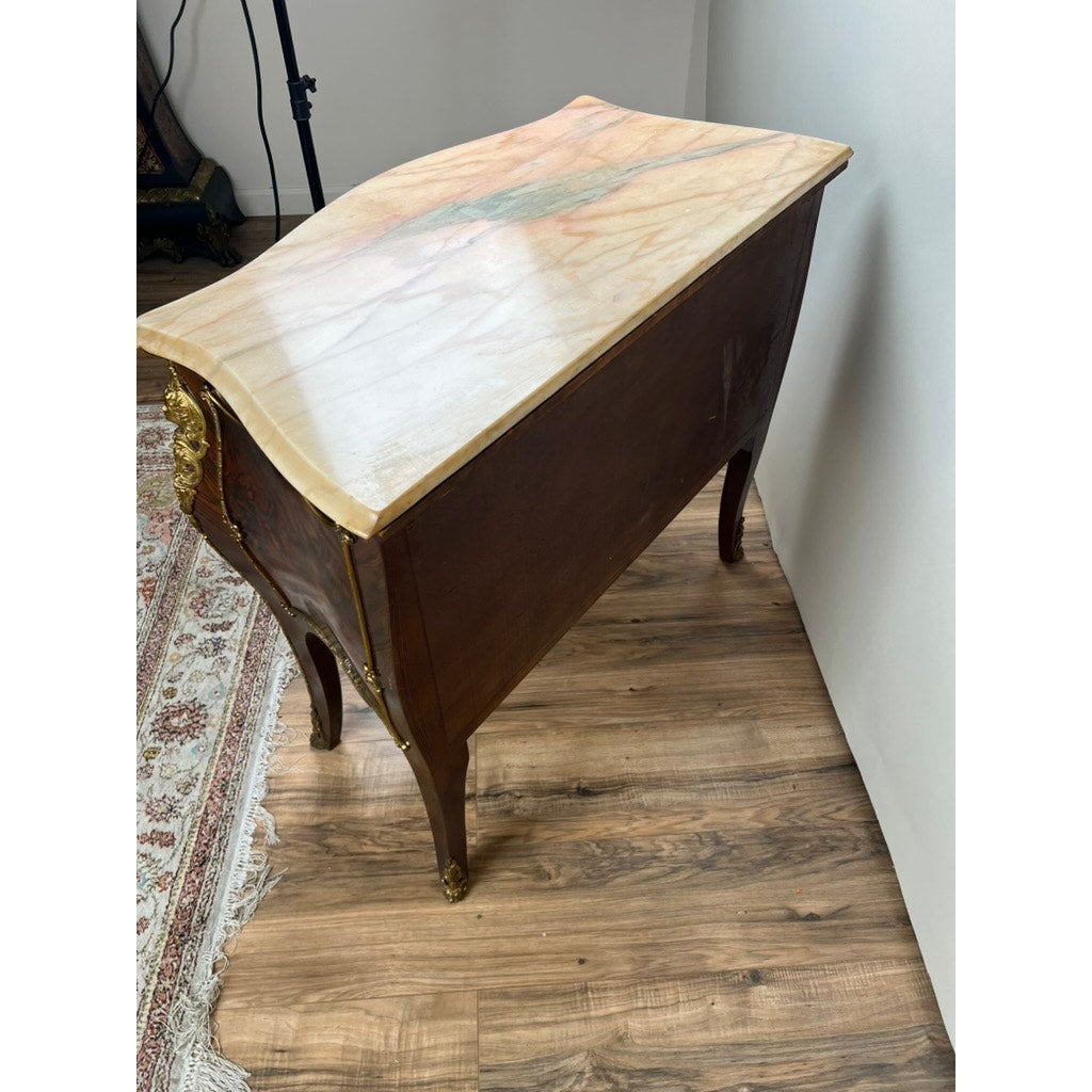 Vintage Louis XV Style Ormolu Mounted Rosewood and Pink Marble Commode