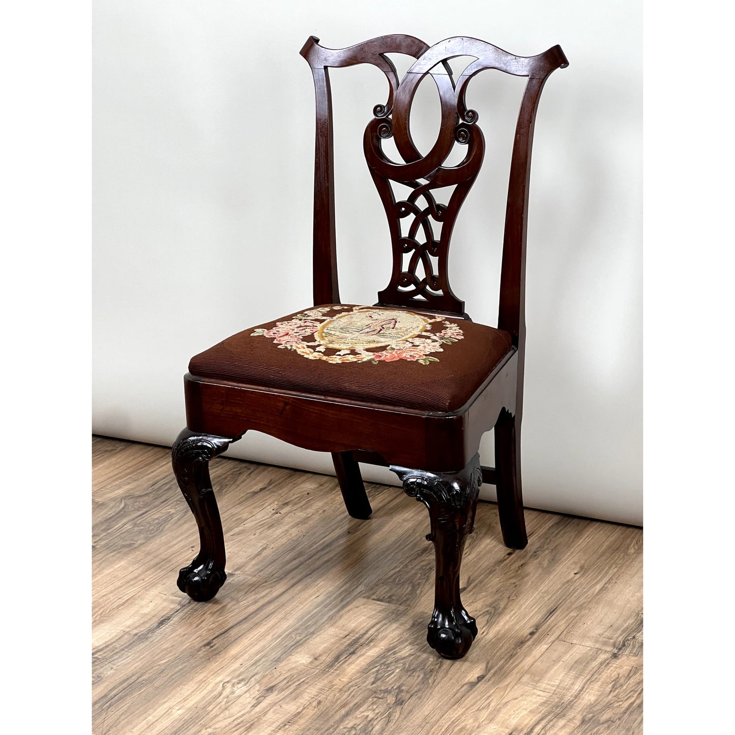 Antique Chippendale Mahogany Tapestry Seat Side Chair c. Mid 19th Century
