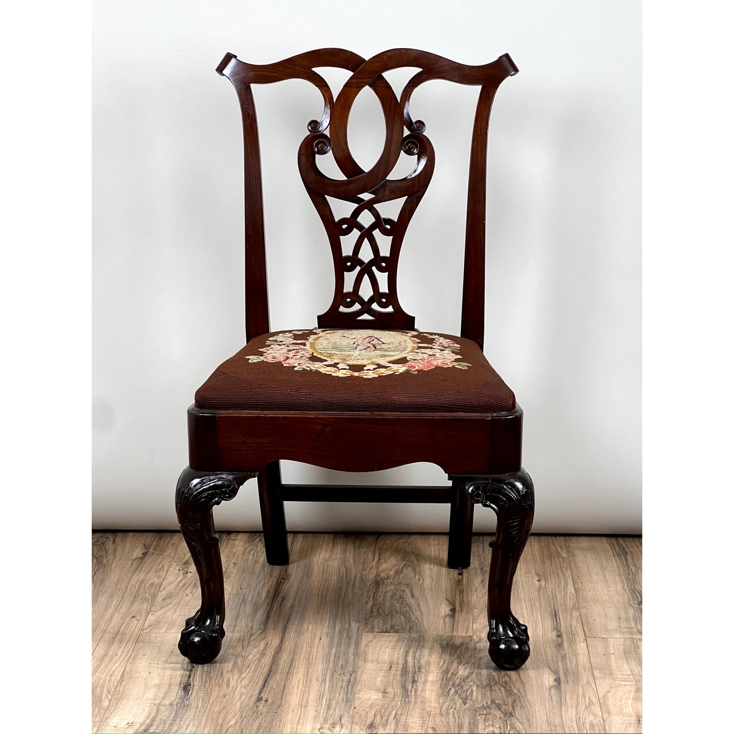 Antique Chippendale Mahogany Tapestry Seat Side Chair c. Mid 19th Century
