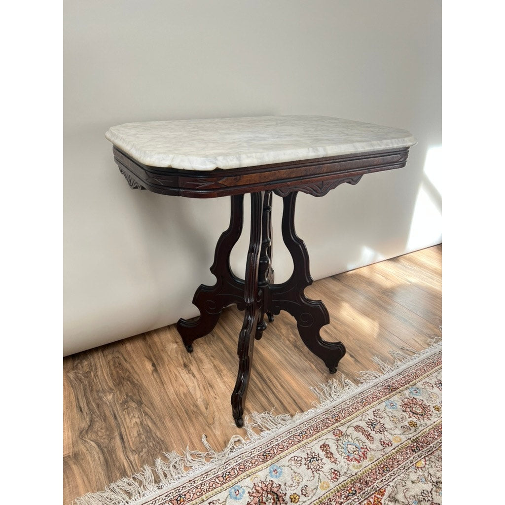Antique Victorian Black Walnut Rococo Revival Marble Top Table c. 1860