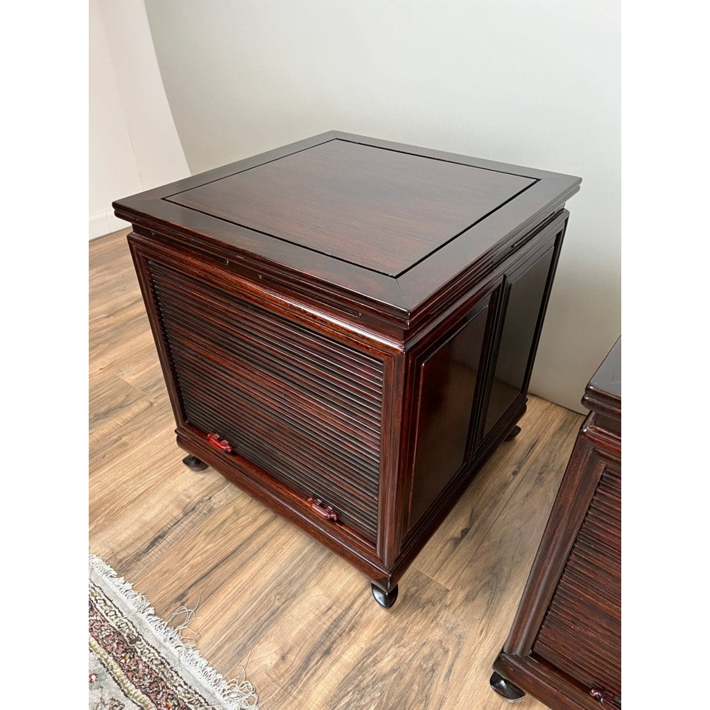 Vintage Pair Solid Rosewood Chinese Tambour Four Drawer End Tables