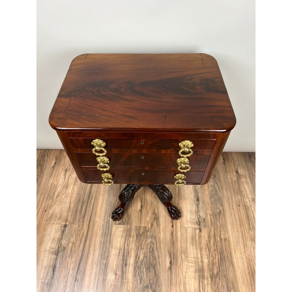Antique Federal Period Mahogany Three Drawer Stand with Embossed Brass Pulls c. 1820