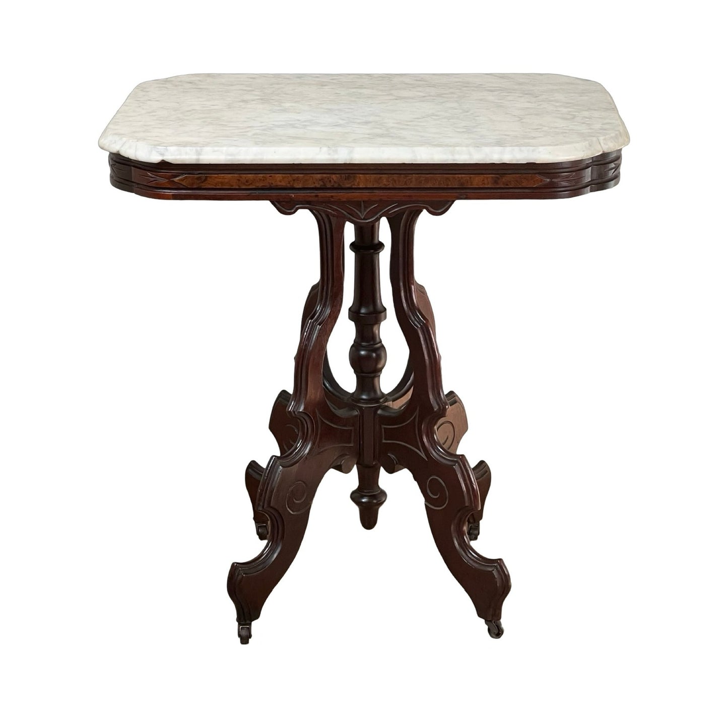 Antique Victorian Black Walnut Rococo Revival Marble Top Table c. 1860