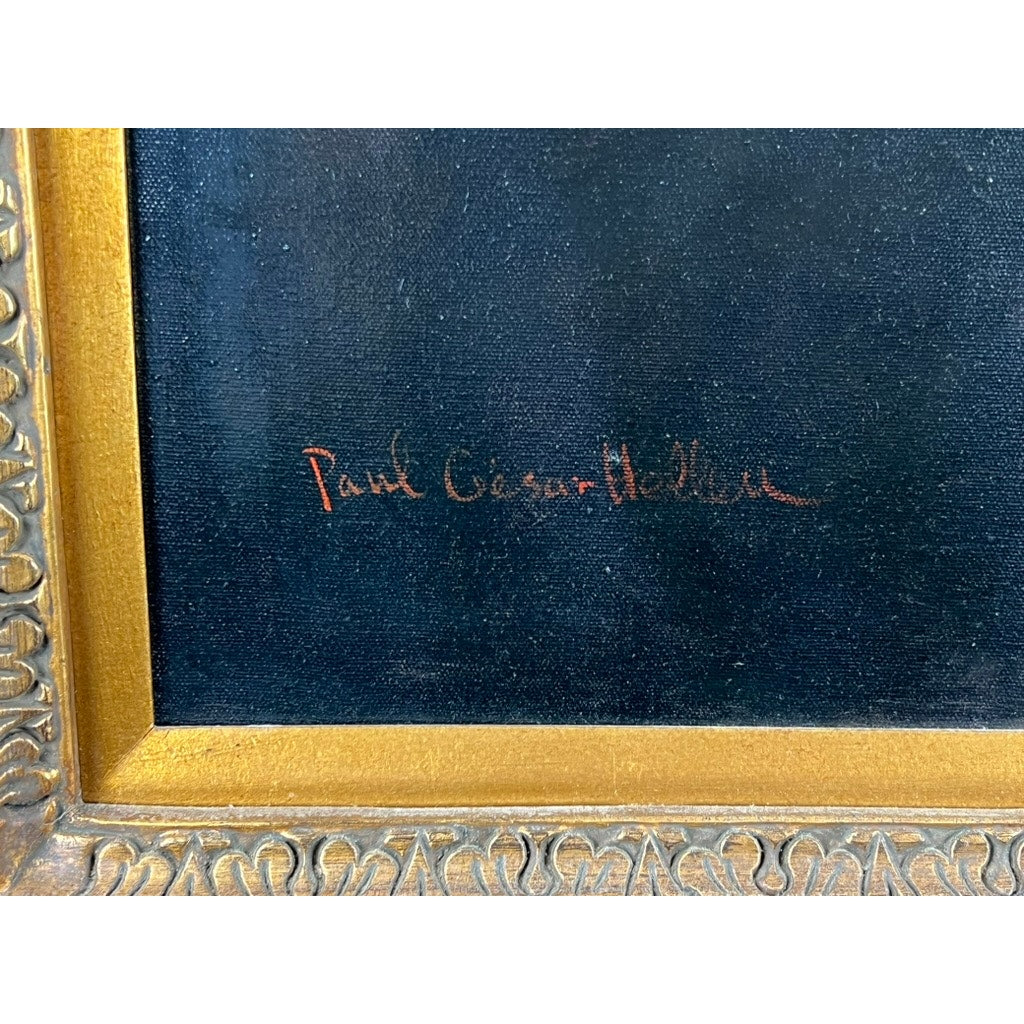 Close-up of a gold ornate frame encasing “Visiting the Moulin Rouge,” an oil painting on canvas after Paul César Helleu, spuriously signed in red at the lower left—a detail echoing Belle Époque elegance. Brand unknown.