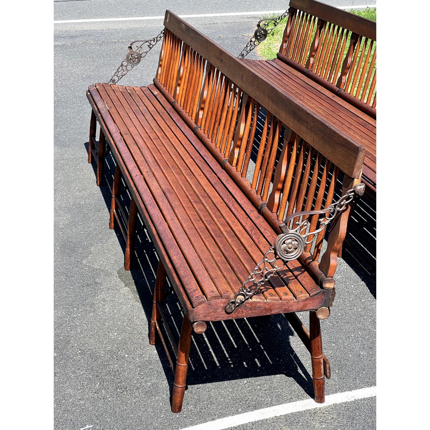 Pair Antique Chestnut Folding Railroad Benches c. Late 19th Century
