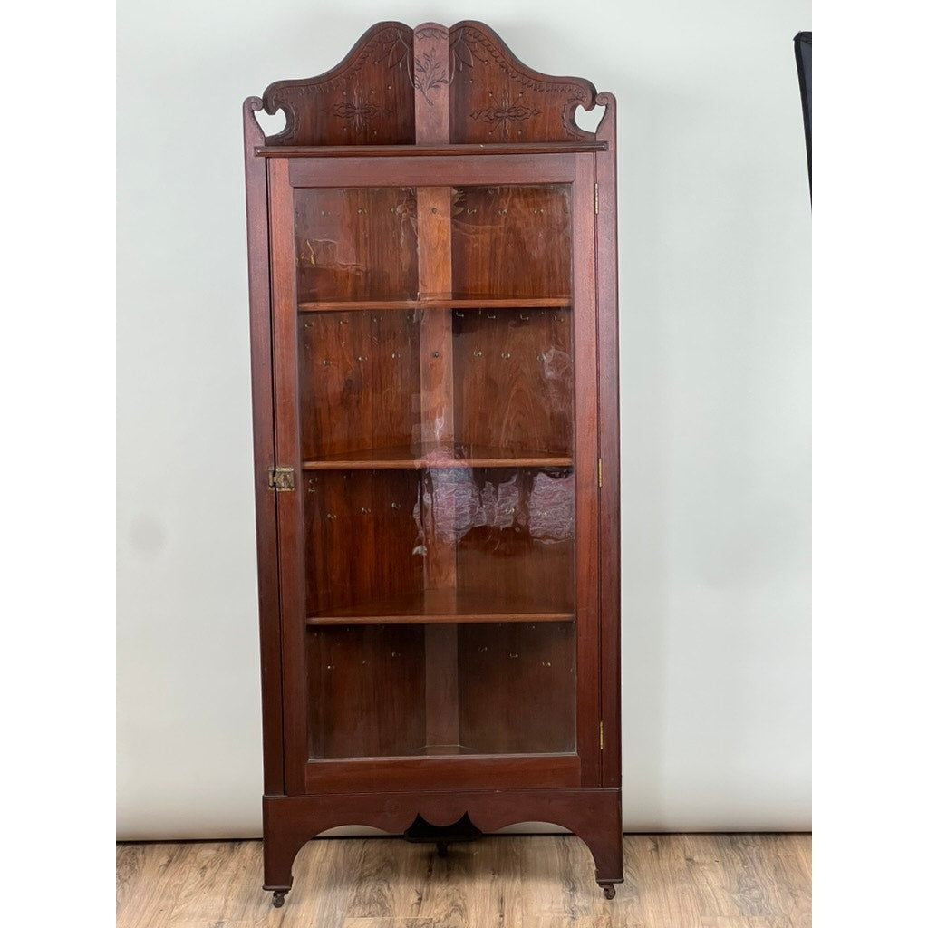 Antique Arts and Crafts Walnut Glass Door Corner Cabinet c. 1910
