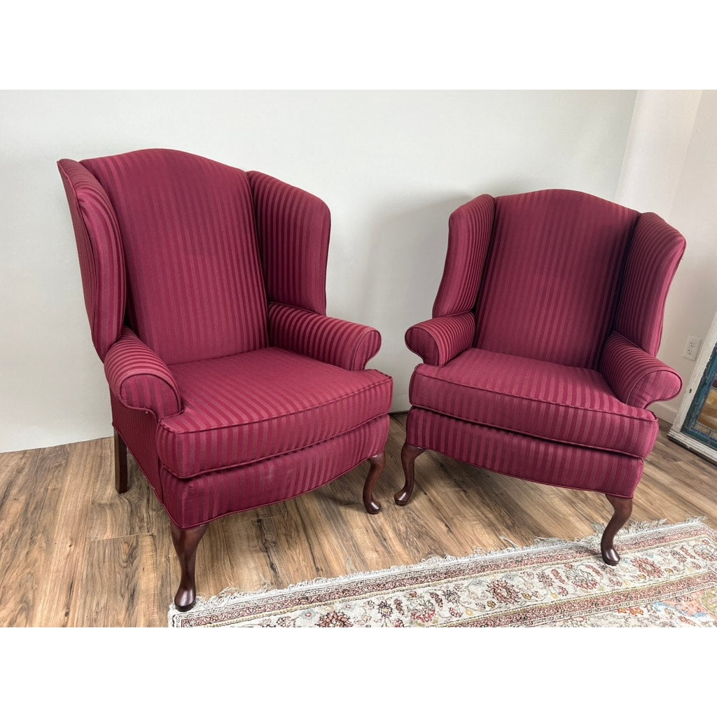 Vintage Pair Burgandy Wing Back Chairs by Hamilton House