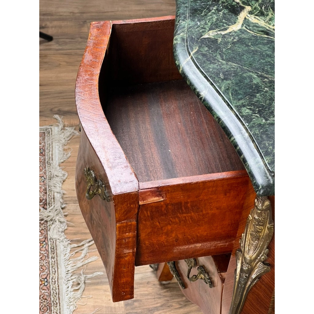 Small Vintage Mahogany Louis XVI Style Two Drawer Bombe Marble Top Commode c. 1940
