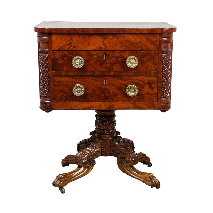 Antique Federal Period Mahogany Work Table with Pineapple Carved Pillars c. 1840