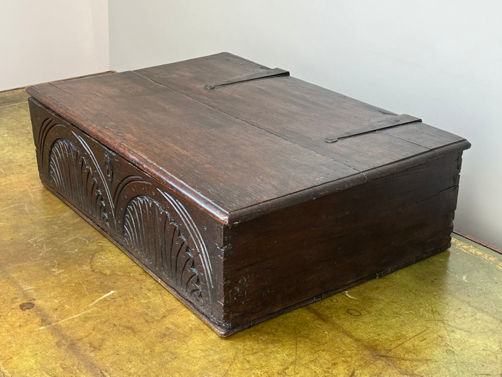 Antique Charles II Oak Bible Box with Carved Facade c. 1660-1685