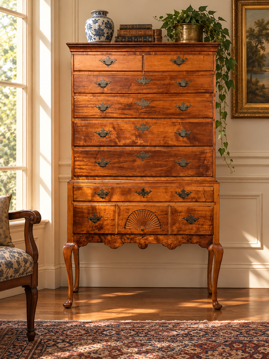 An Antique 18th Century New Hampshire Queen Anne Maple Highboy by Pearl City Antiques, featuring elegant cabriole legs, a carved fan detail on the bottom drawer, metal pulls, and topped with a blue and white vase and a potted plant.