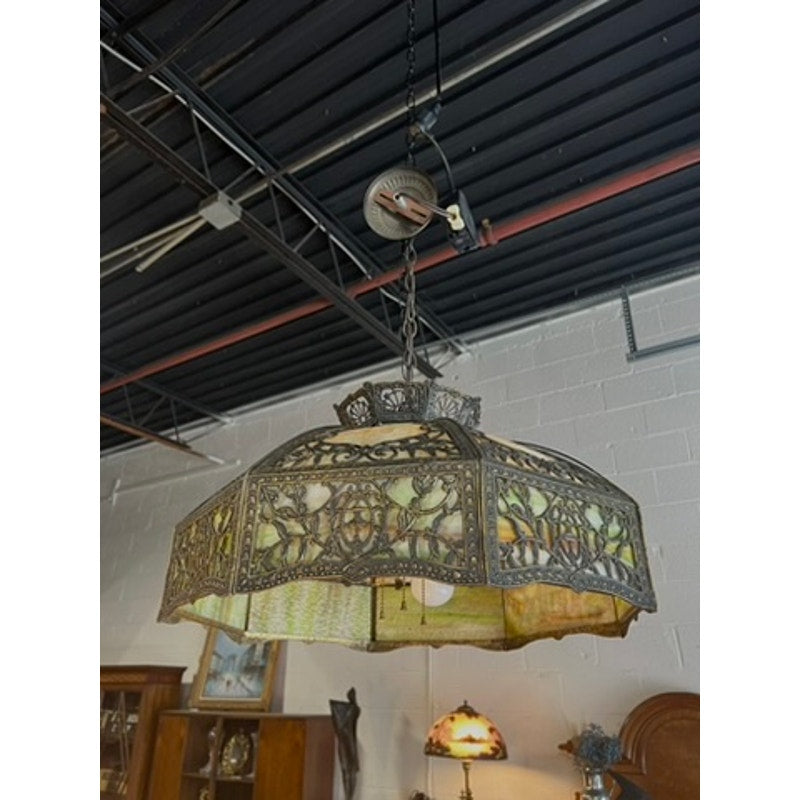 Art Nouveau slag glass pendant lamp with ornate metal overlay