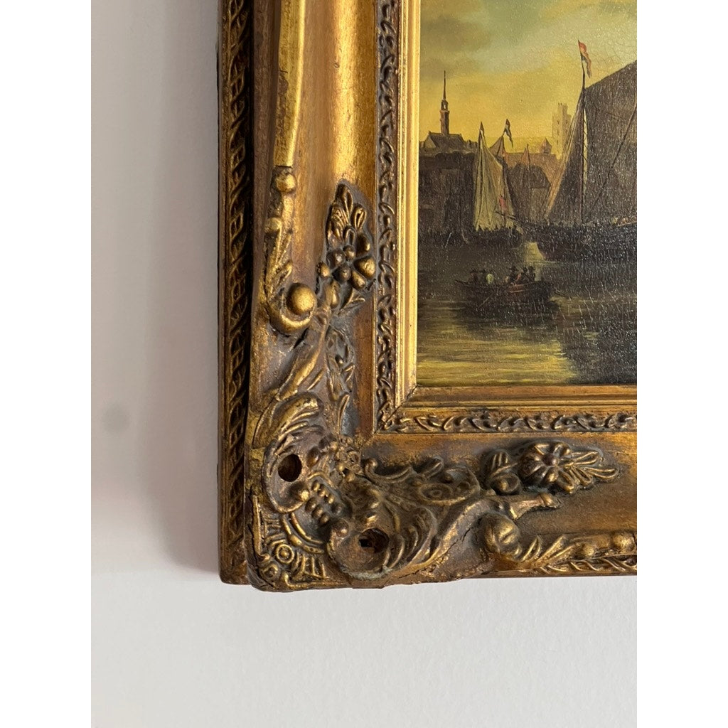 Vintage Oil on Board of French Harbor Scene Signed Fandent