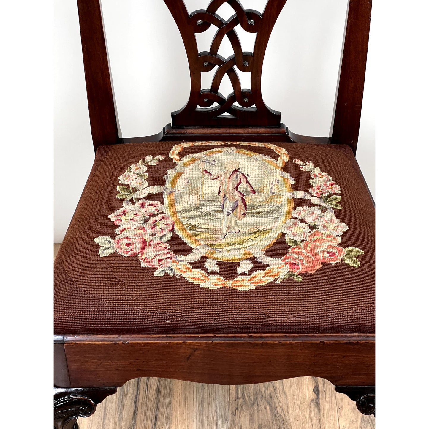 Antique Chippendale Mahogany Tapestry Seat Side Chair c. Mid 19th Century