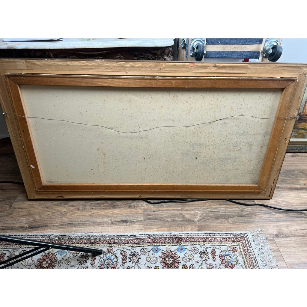 A large framed oil on canvas, “Naples Harbor” (28 x 52), signed lower left by C. Ciappa, is shown from the back on a wooden floor near a patterned rug; the wood frame supports a slightly stained canvas with a horizontal crease.