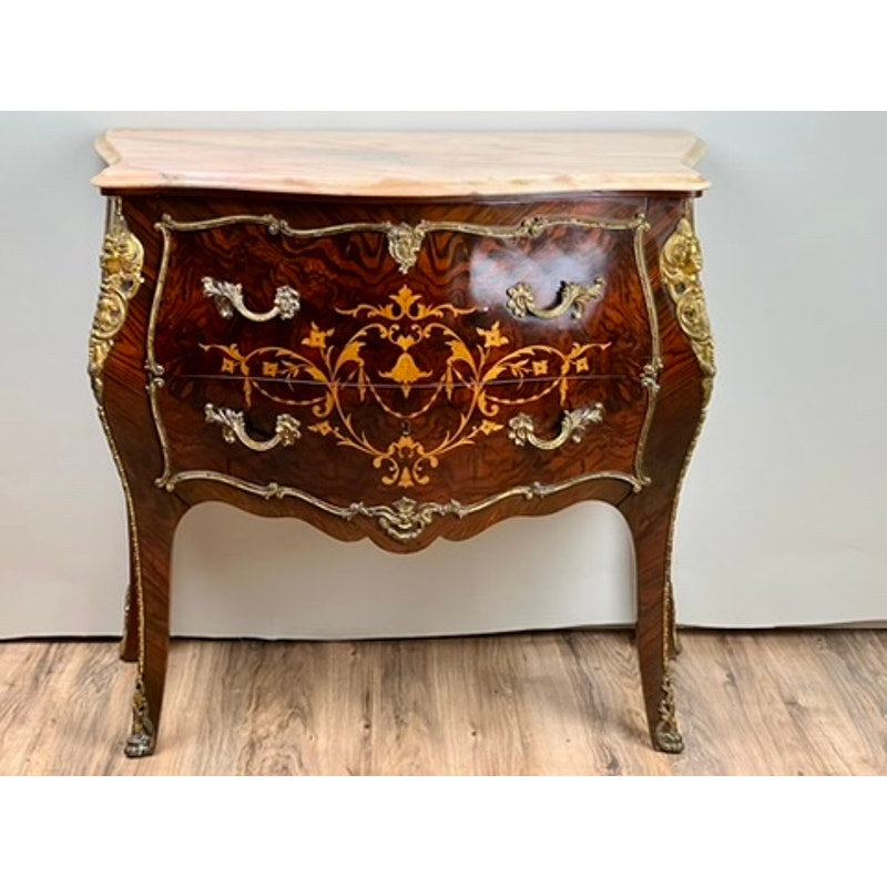 Vintage Louis XV Style Ormolu Mounted Rosewood and Pink Marble Commode