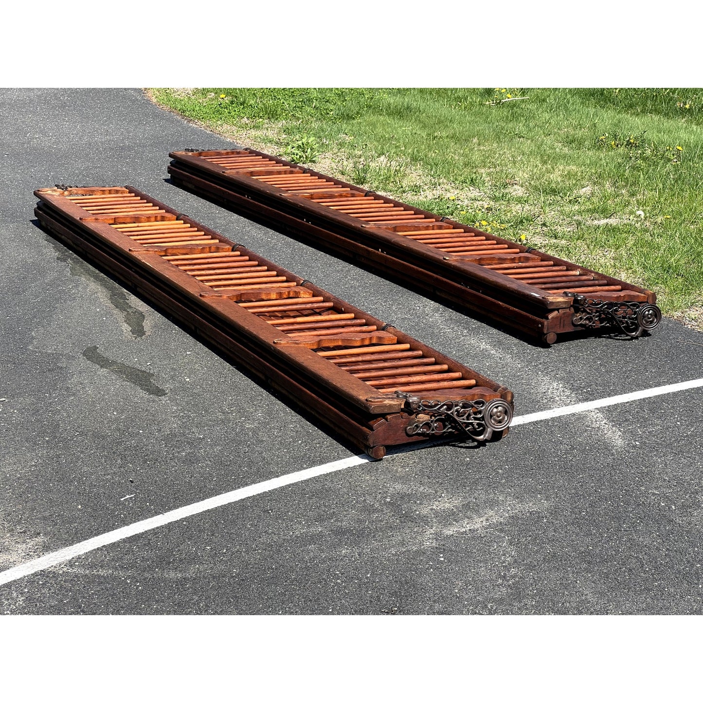Pair Antique Chestnut Folding Railroad Benches c. Late 19th Century