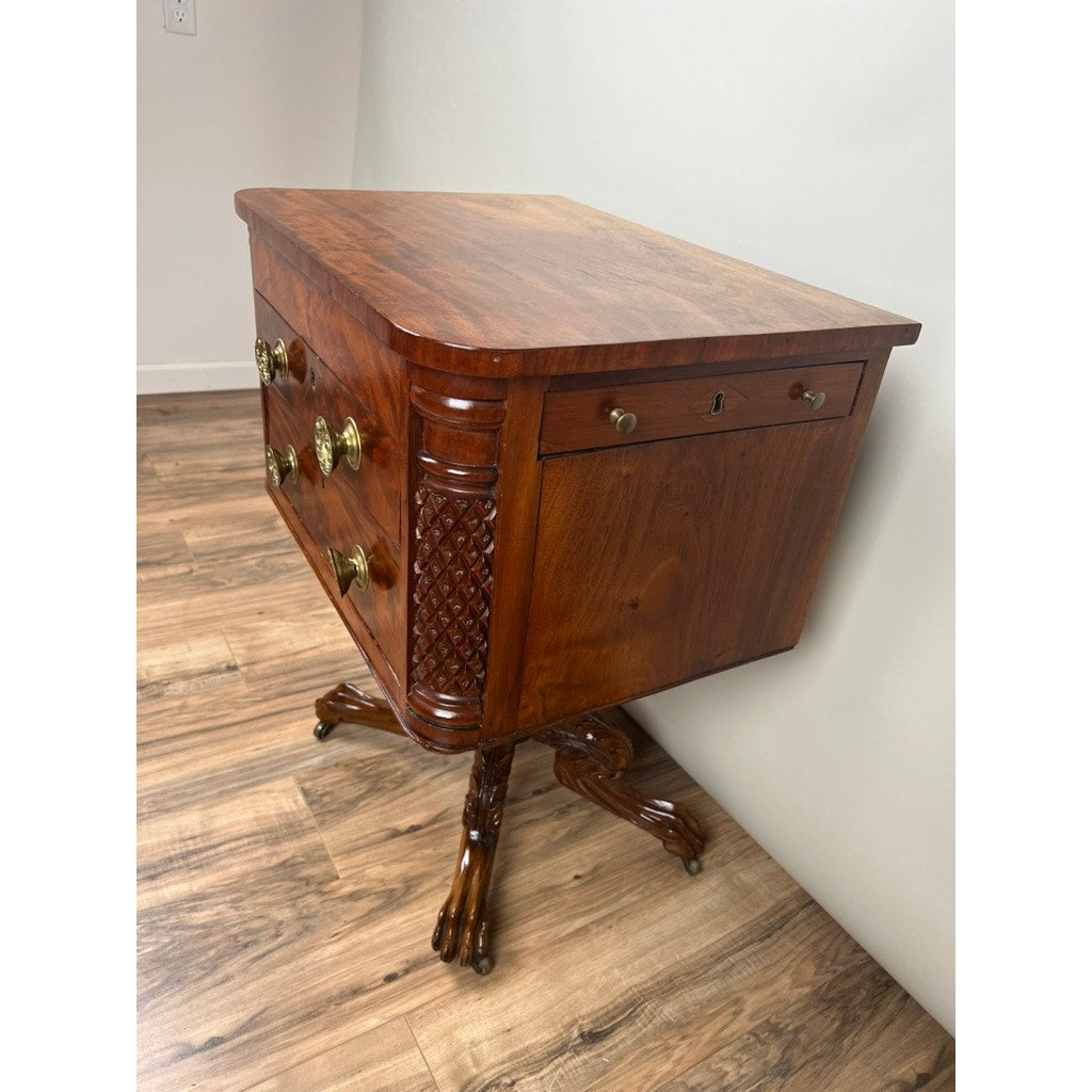 Antique Federal Period Mahogany Work Table with Pineapple Carved Pillars c. 1840