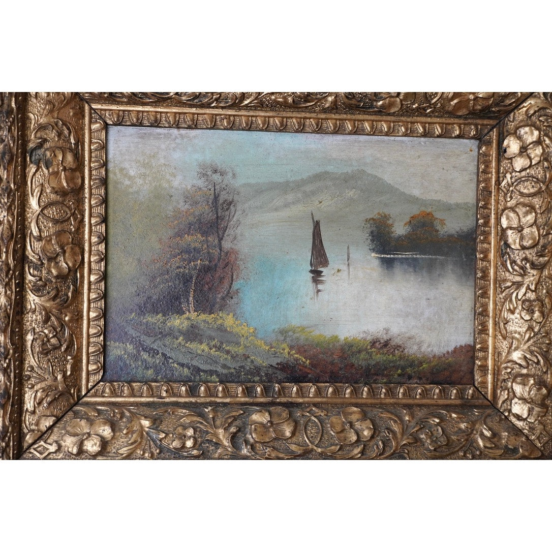 Antique Victorian Oil on Board Painting of Lake Scene with a Sailboat Unsigned c. Late 19th Century