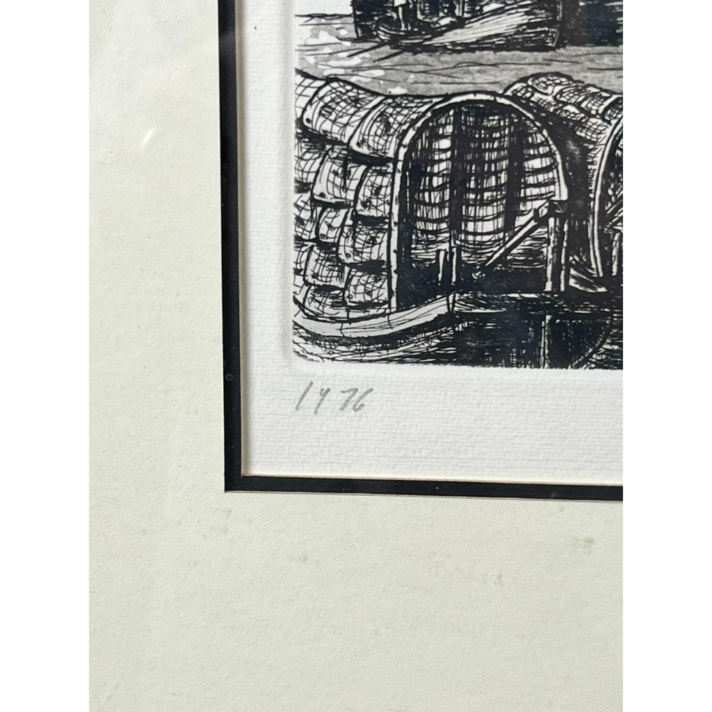 A close-up of the framed etching "The Whaling Ship Charles W Morgan" by Alan Jay Gaines shows the lower corner with handwritten number 1476 on the white border beneath the print. Brand is unknown.