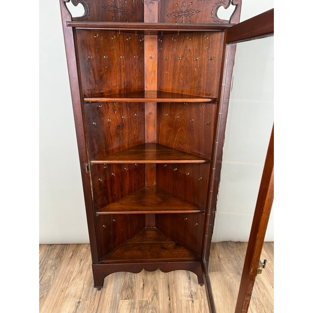Antique Arts and Crafts Walnut Glass Door Corner Cabinet c. 1910