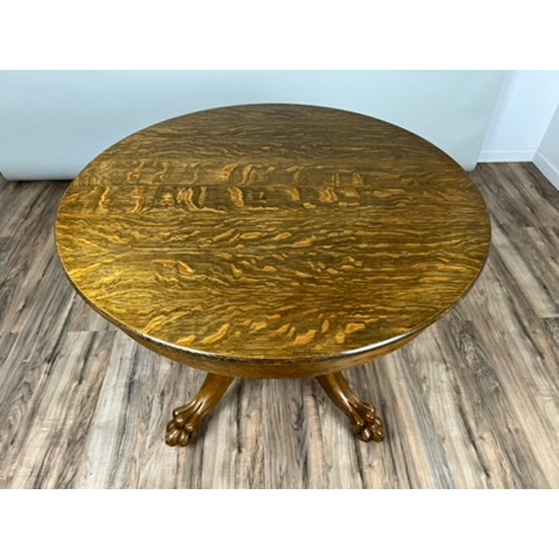 Vintage Tiger Oak Paw Foot Dining Table with Three Leaves c. 1940
