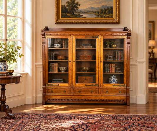 An Antique Eastlake Victorian Walnut Triple Bookcase c. 1880, crafted from wood with glass doors, brass hardware, and decorative carvings, filled with books and decorative items.