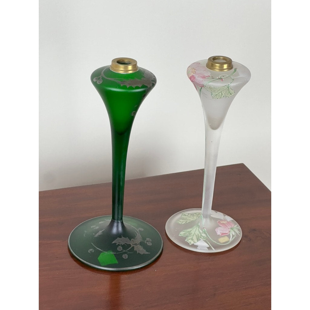 Pair Antique Art Nouveau Fluted Oil Lamps c. 1920