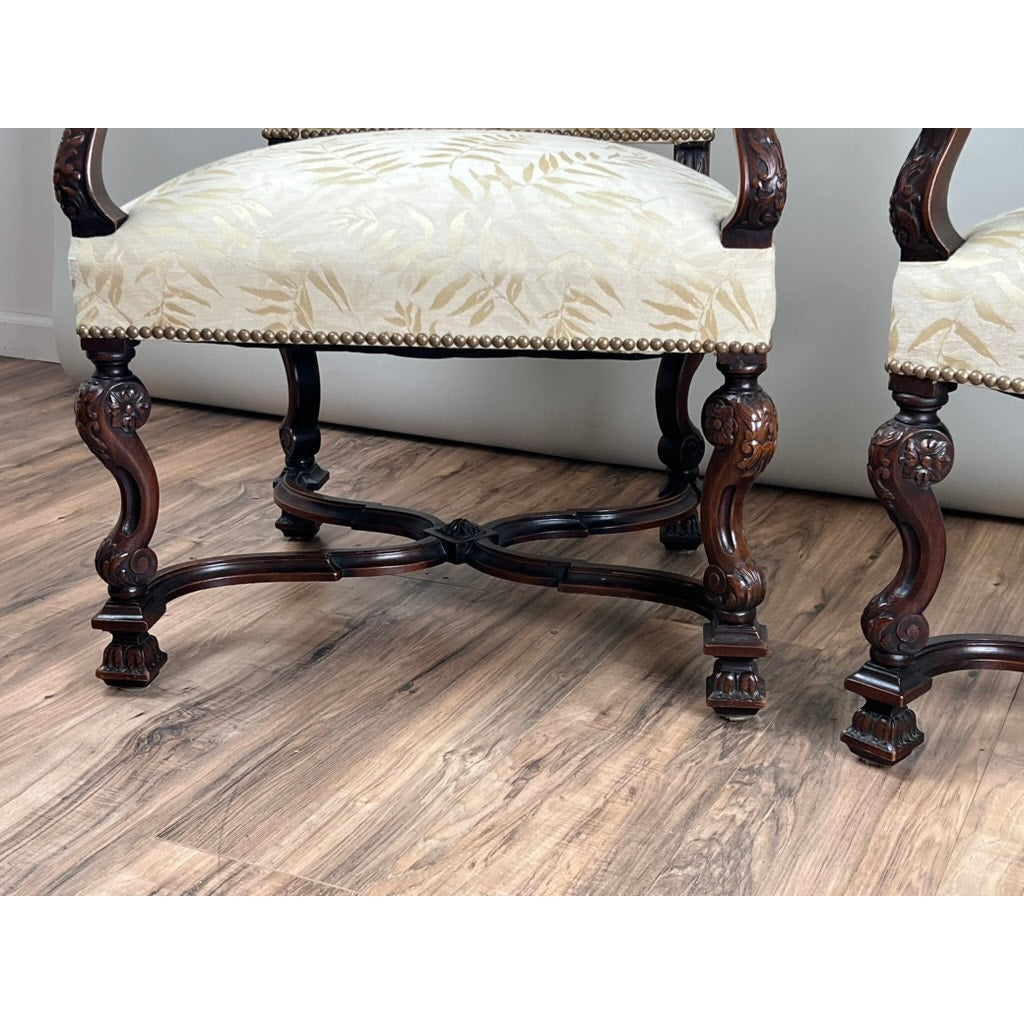 Antique Pair of French Régence Style Carved Mahogany Arm Chairs, c. Early 19th Century