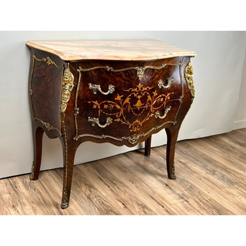 Vintage Louis XV Style Ormolu Mounted Rosewood and Pink Marble Commode