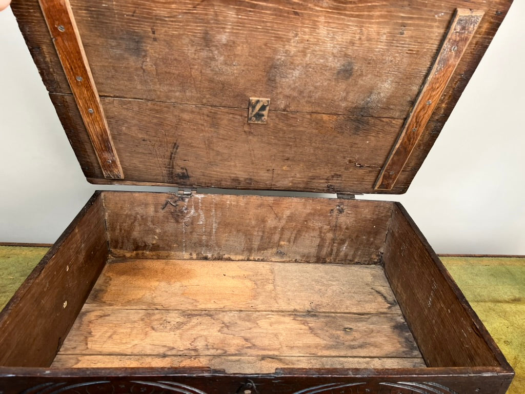 Antique Charles II Oak Bible Box with Carved Facade c. 1660-1685