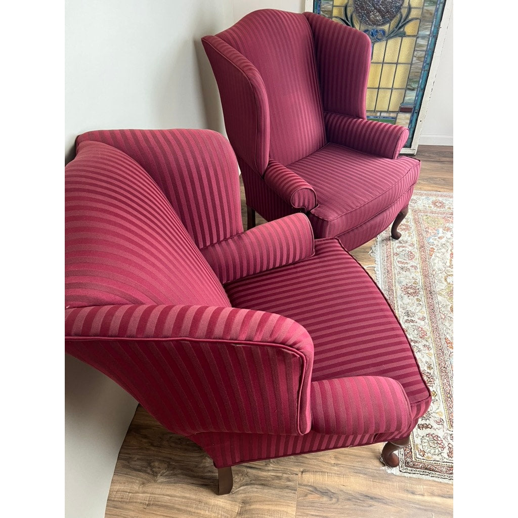 Vintage Pair Burgandy Wing Back Chairs by Hamilton House