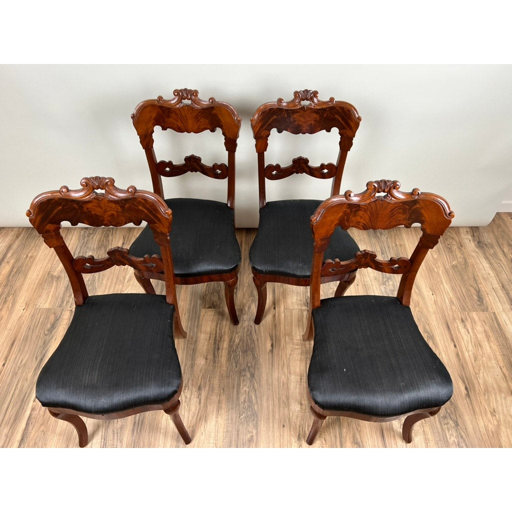 Antique Suite of Four Empire Flame Mahogany Saber Leg Chairs c. 1840 Signed by the Maker
