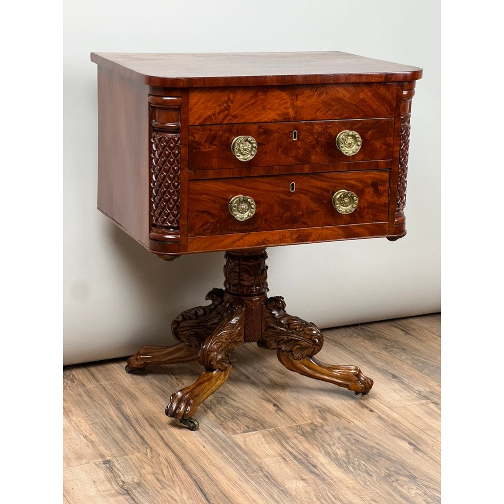 Antique Federal Period Mahogany Work Table with Pineapple Carved Pillars c. 1840