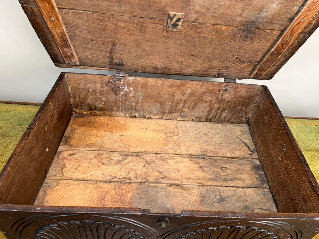 Antique Charles II Oak Bible Box with Carved Facade c. 1660-1685