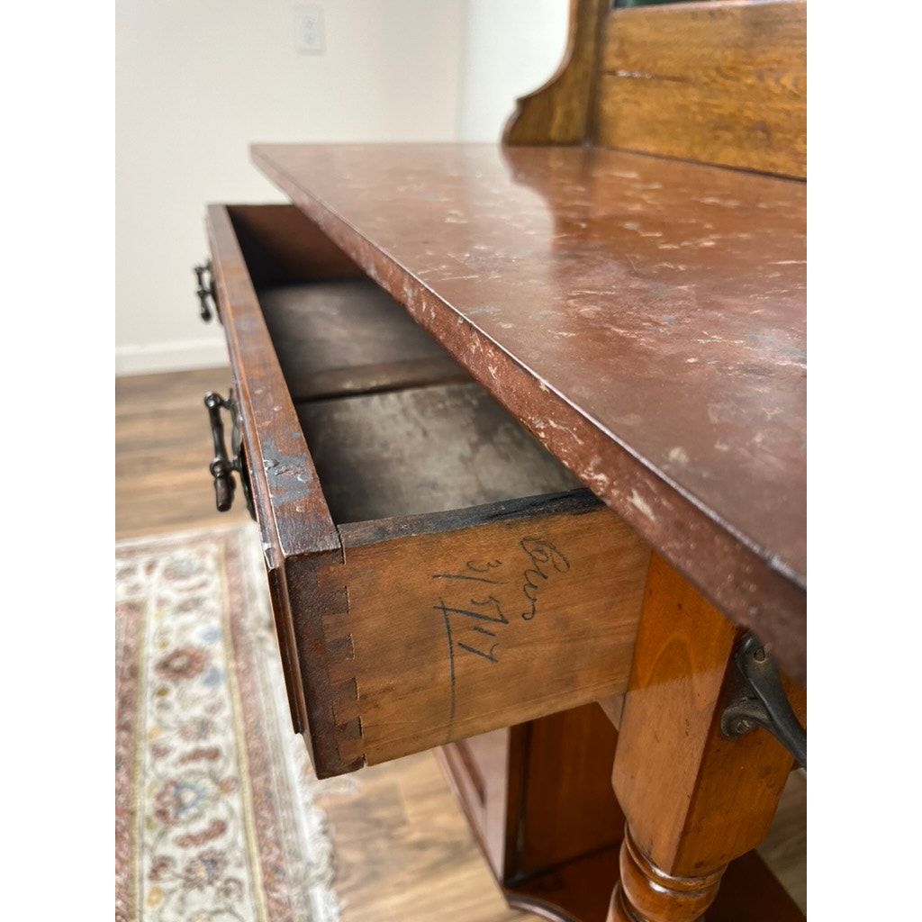 Antique Edwardian Marble Top Wash Stand with Tile Back Splash c. 1917
