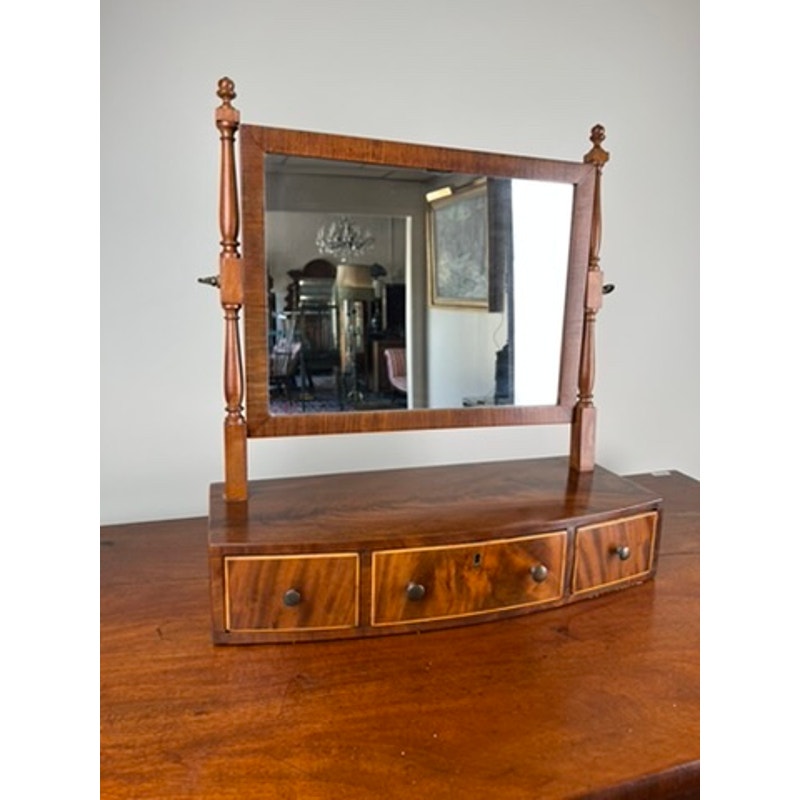 Antique Federal bow front mahogany shaving mirror with three drawers