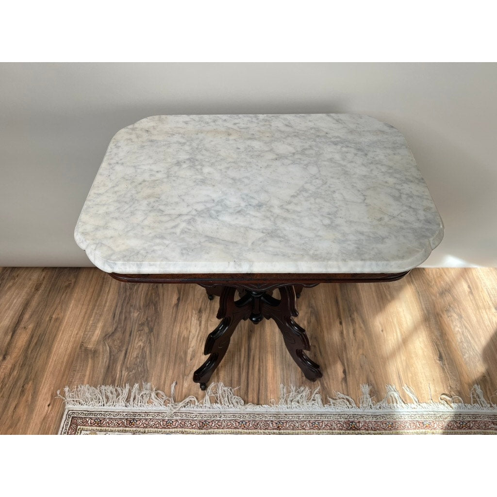 Antique Victorian Black Walnut Rococo Revival Marble Top Table c. 1860