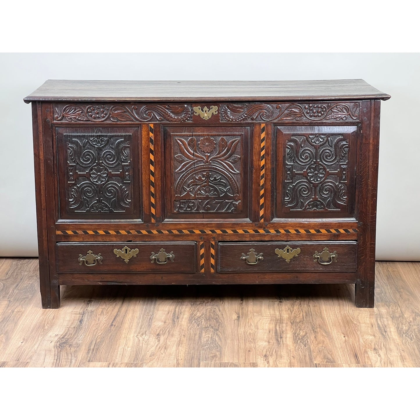 Antique English Oak Mule Chest with Barber Pole Inlay c. 1677
