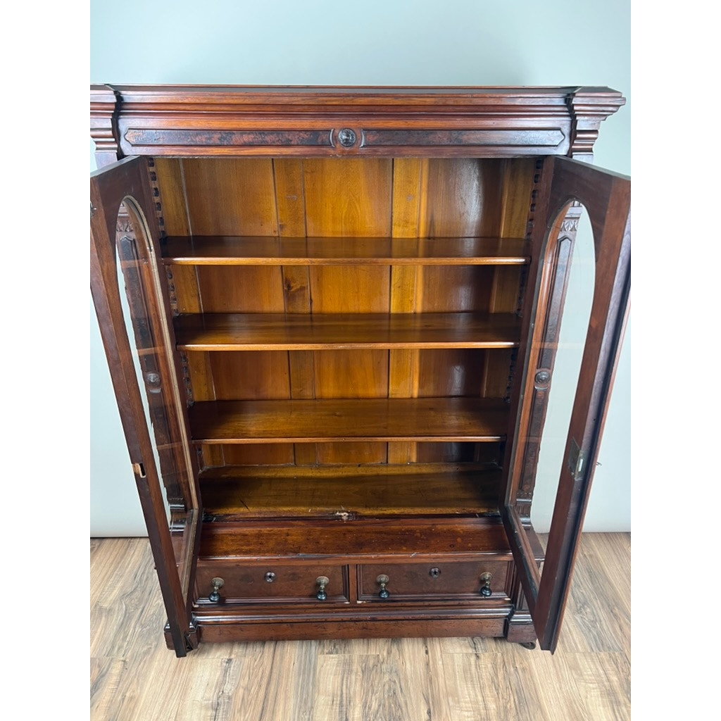 Antique Victorian Walnut and Burl Glass Door Bookcase c. 1900