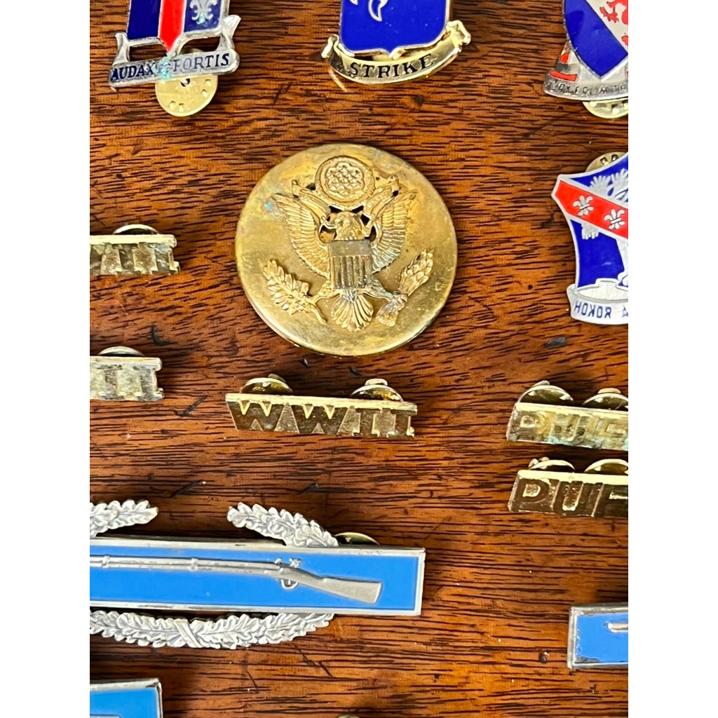 A close-up of military pins on a wooden display from the Attributed WWII 158th Infantry Bushmasters Grouping of Frank W. Slatcher, Company I, Pacific Theater, featuring an eagle emblem, WWII pins, infantry badge, and unit insignias.