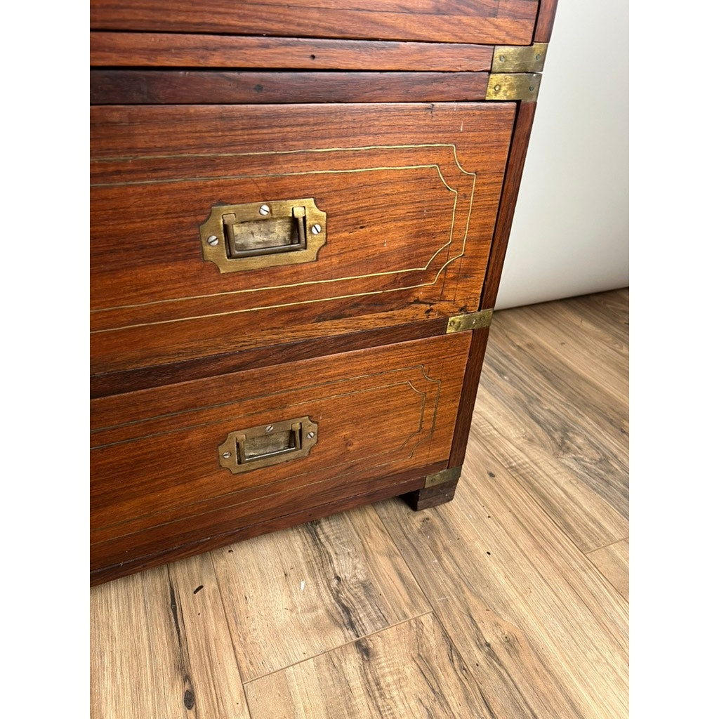 Antique English Teak Campaign Secretary with Brass Inlay and Banding Campaign Secretary c. Mid 19th Century