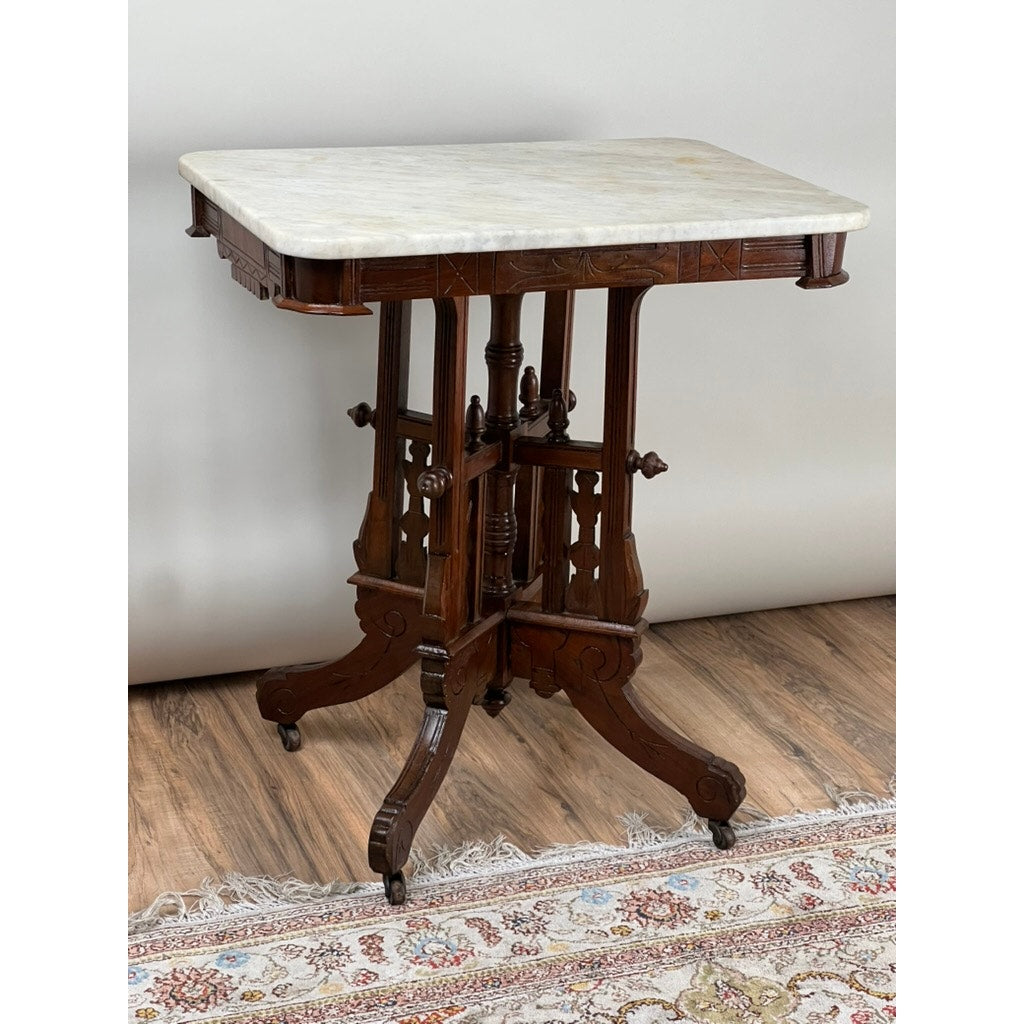 Antique Walnut Eastlake Victorian Tetrapod Marble Top Table c. 1880