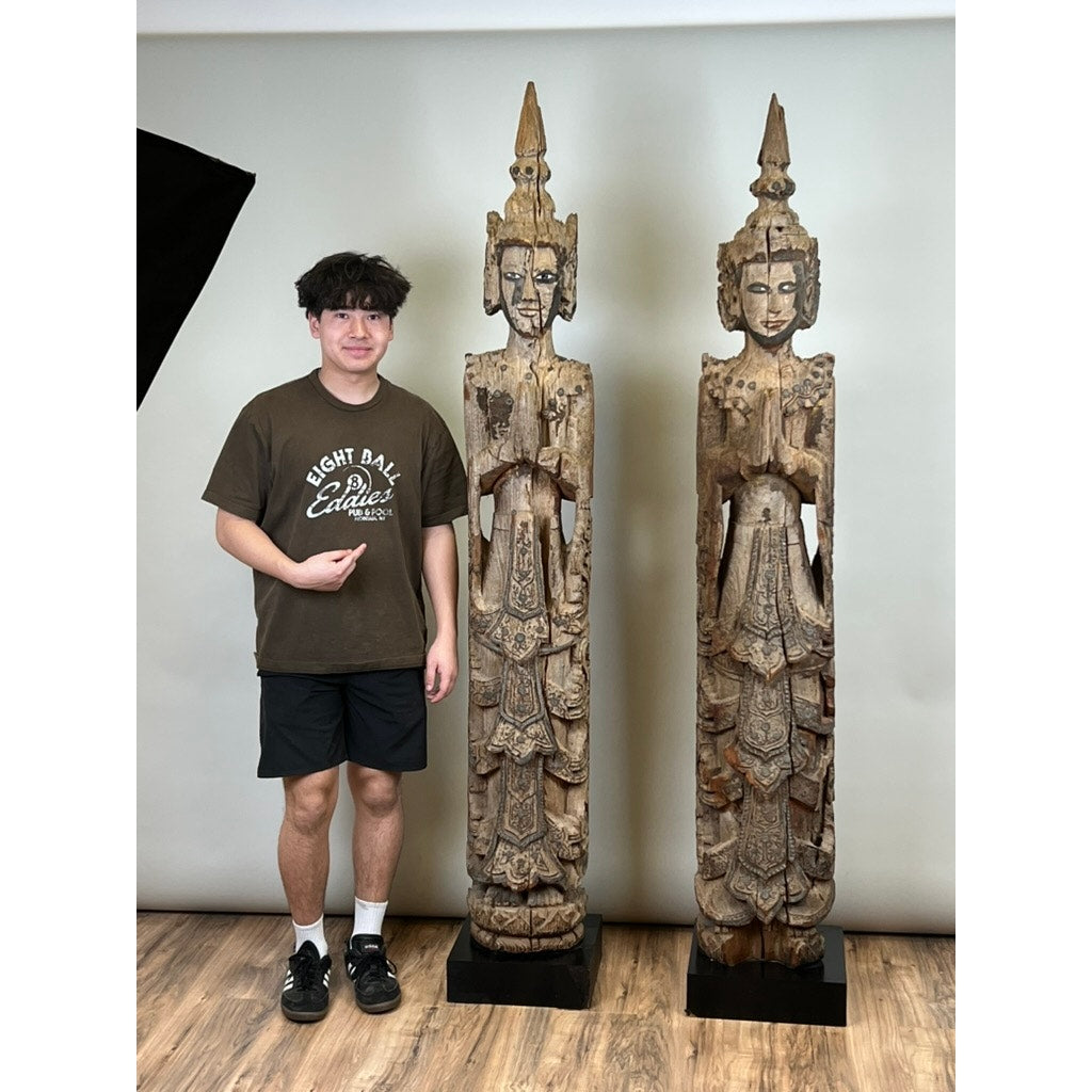 Antique Burmese Teak Monastic Attendants or Guardian Angels c. 19th Century
