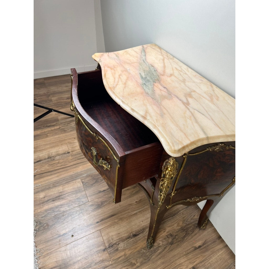 Vintage Louis XV Style Ormolu Mounted Rosewood and Pink Marble Commode