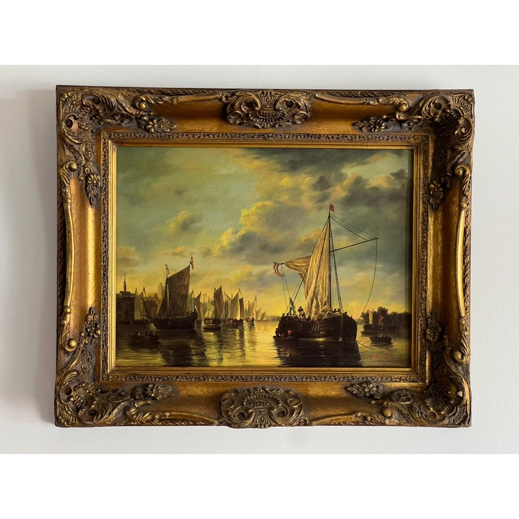 Vintage Oil on Board of French Harbor Scene Signed Fandent