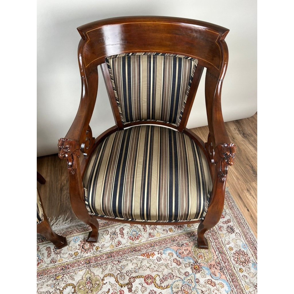 Vintage Mahogany Edwardian Style Lions Head His and Hers Parlor Chairs