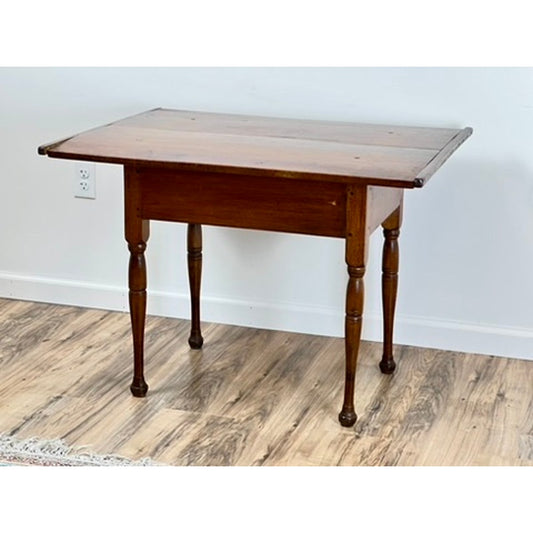 The Antique Early American Pine Queen Anne Tavern Table (Late 18th Century, Brand: Unknown) features a rectangular top and four turned legs, showcasing classic charm against a white wall and wood-patterned floor.