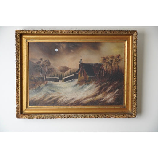 Discover the framed antique oil painting “St. Theobalds Chapel” by Edna M. Austin, dated March 1892 and signed en verso, offered by Pearl City Antiques. This striking oil on canvas captures the majestic Gothic architecture of a church set beneath a cloudy night sky illuminated by the full moon, surrounded by trees and rolling hills.